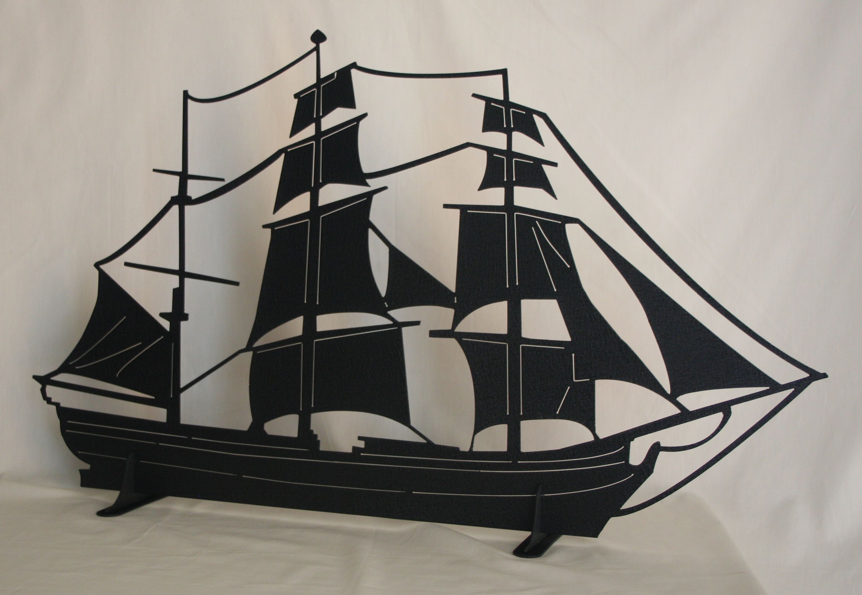 Freestanding Metal Art, 3-masted Schooner, Sails, Stand