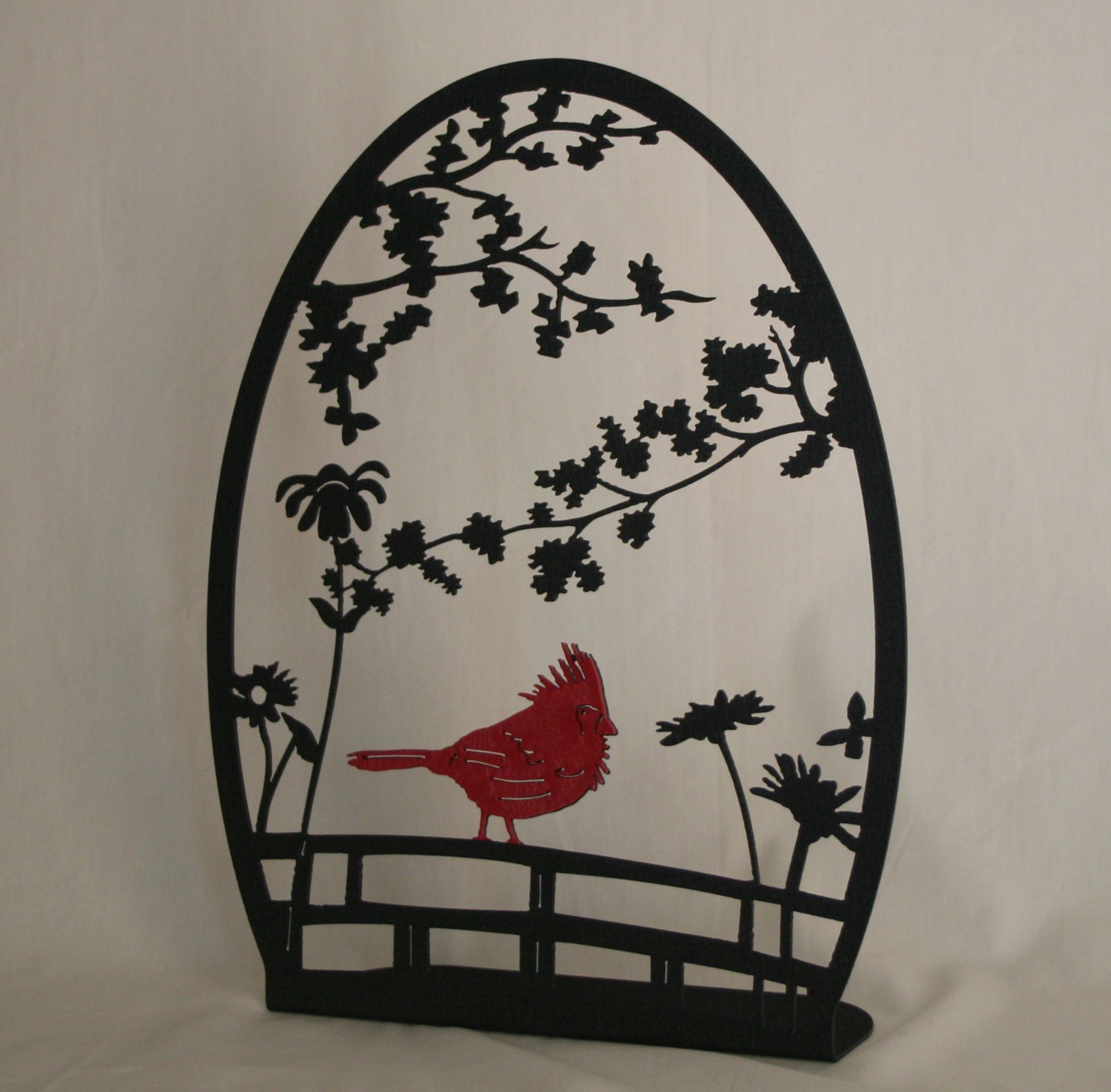Freestanding Metal Art, Red Cardinal, Fence, Flowers, Branches