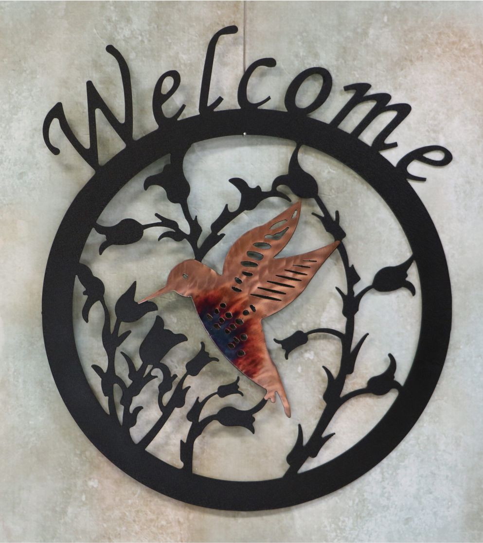 Metal Art, sign, round, humming bird, flying, flowers, vines, wings, beak