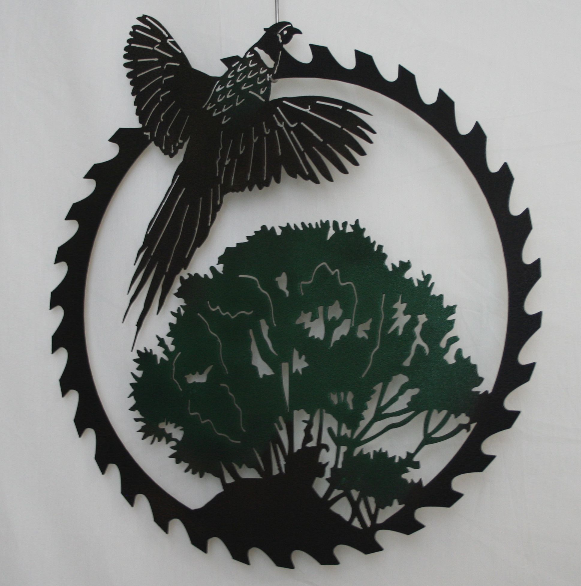 Metal Art, Round, Saw, Blade, Flying Ring Neck Pheasant, Tree, Woods, Grass, Hill, Bushes