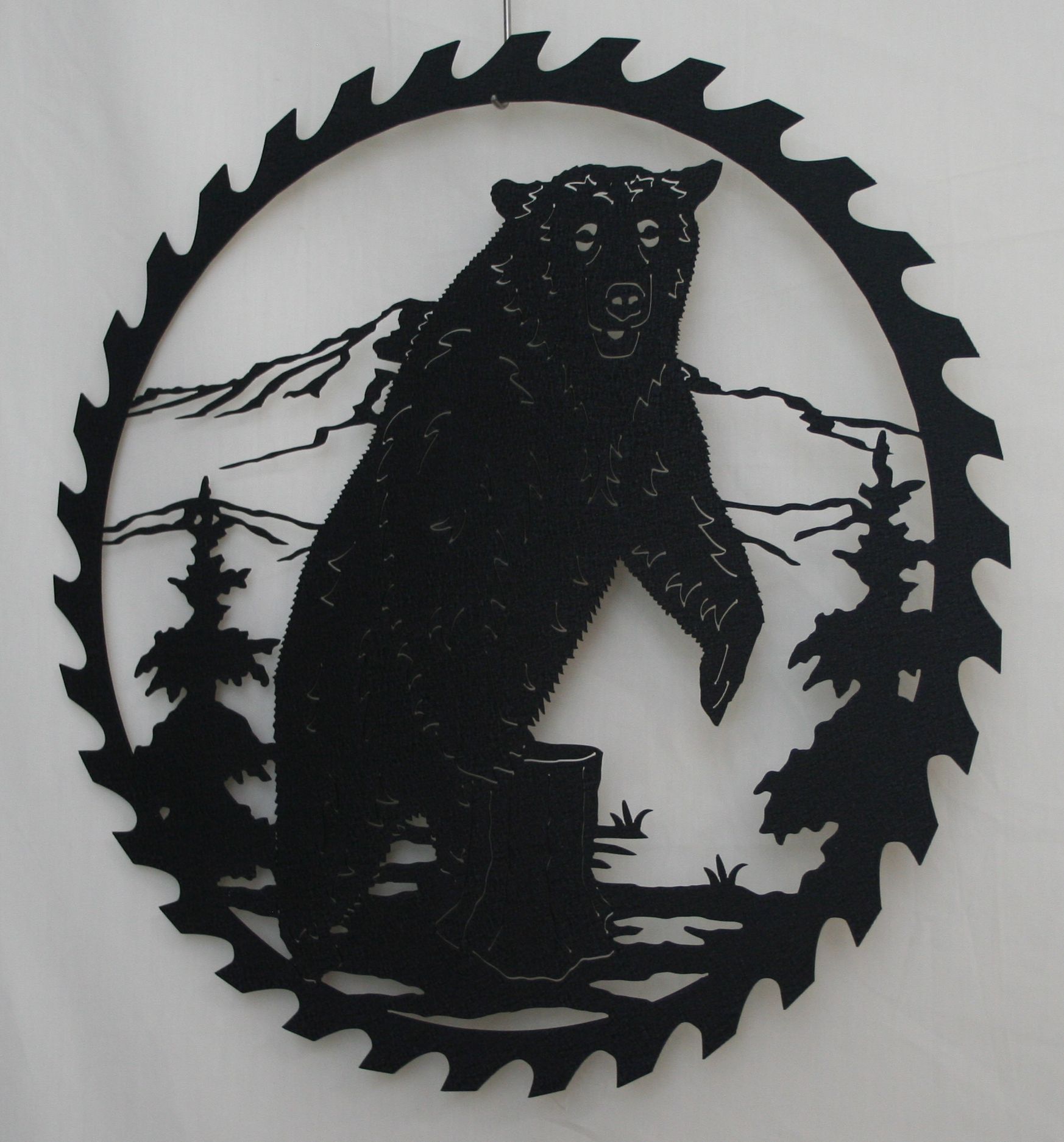 Metal Art, Round, Saw, Blade, Bear, Trees, Woods, Mountains, Hills, Tree Stump, Grass