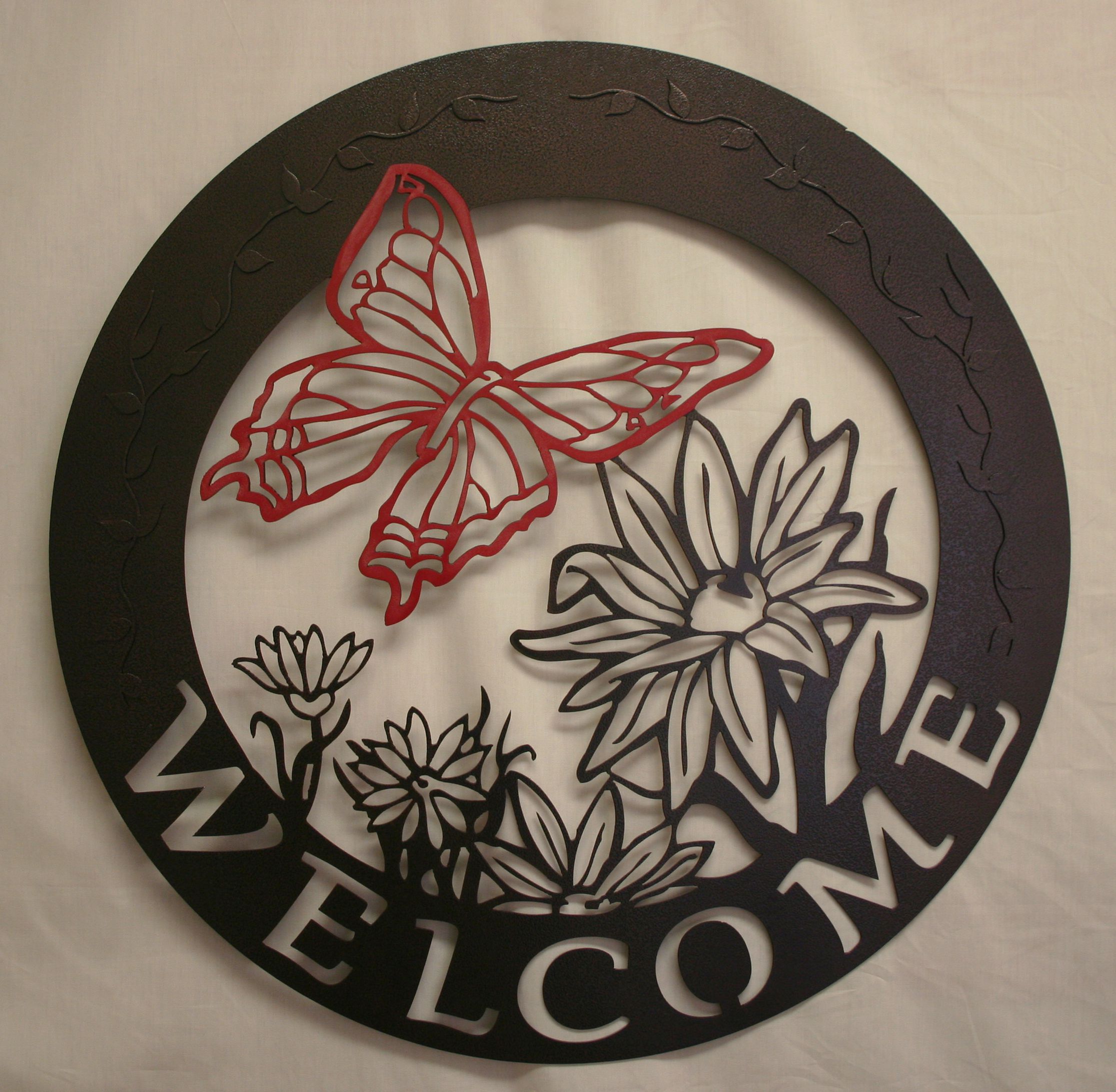 Metal Art, Sign, Round, Welcome, Butterfly, Flowers, Vines, Flying