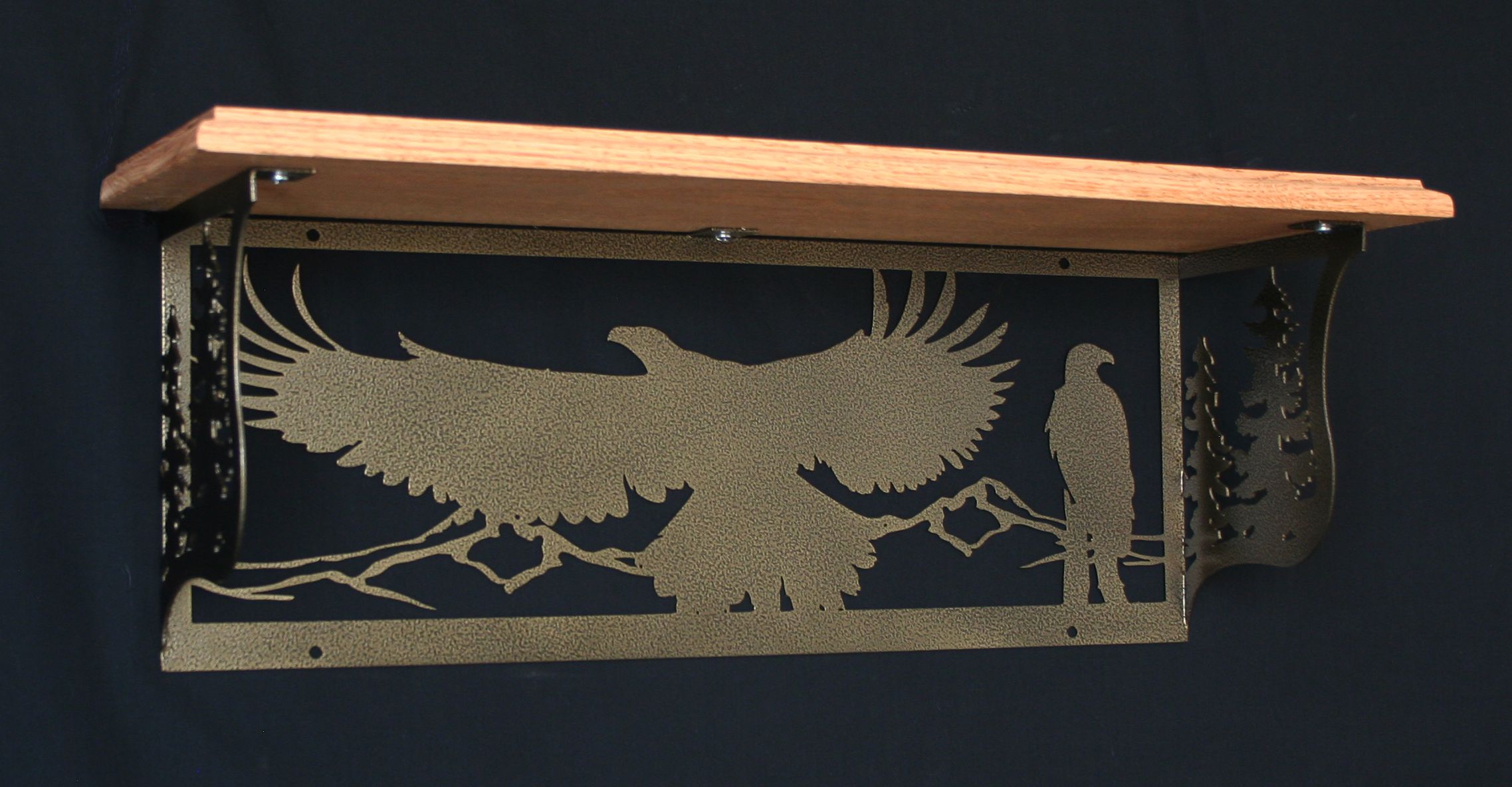Metal Art, Oak Wood Shelf, Metal Shelf, Hills, Flying Eagle, Perched Eagle, Trees