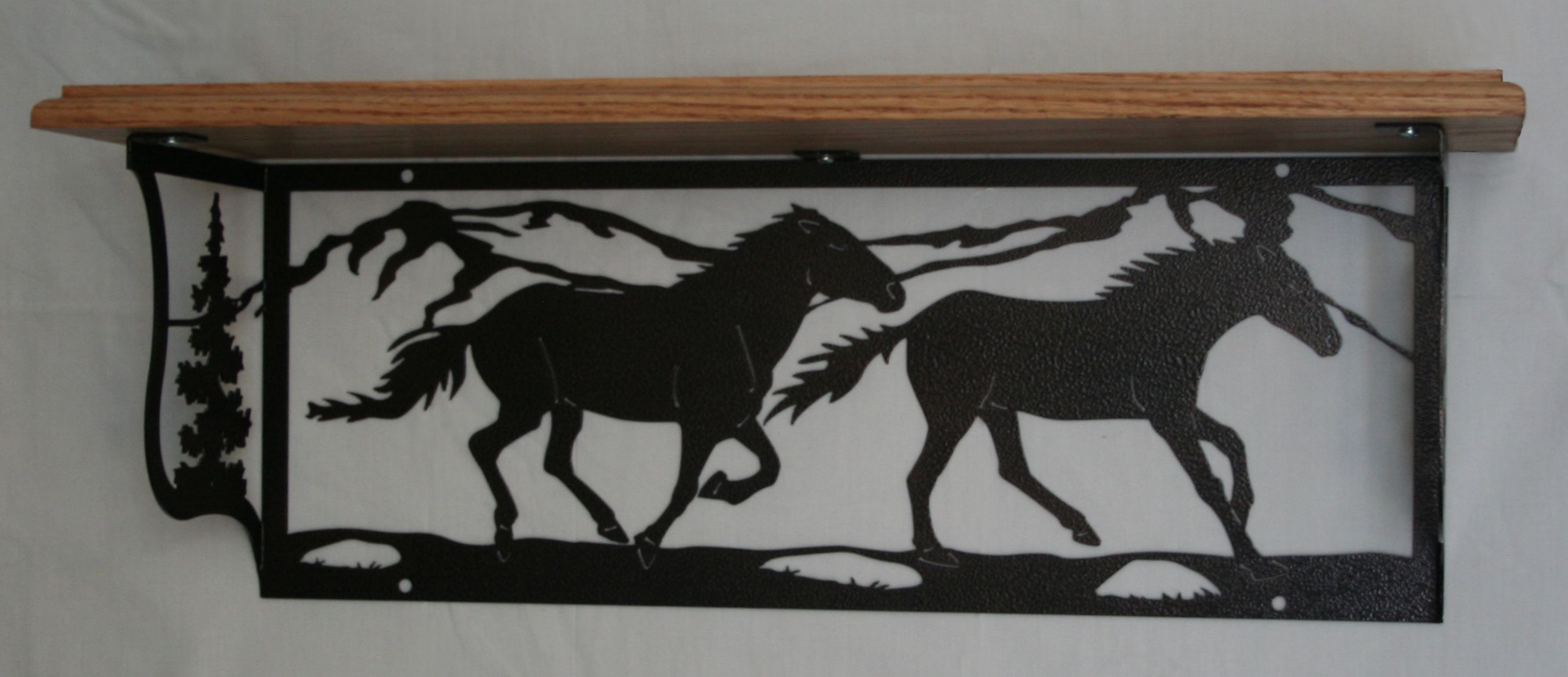 Metal Art, Oak Wood Shelf, Metal Shelf, Running Horses, Trees, Mountains