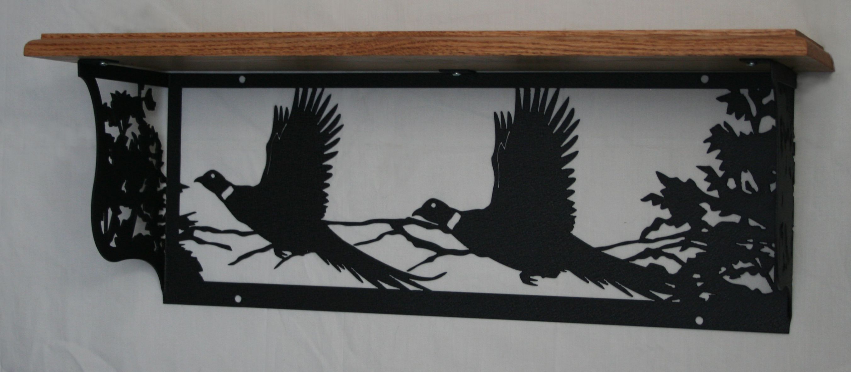 Metal Art, Oak Wood Shelf, Metal Shelf, Woods, Hills, Two Flying Ring Neck Pheasants, Trees