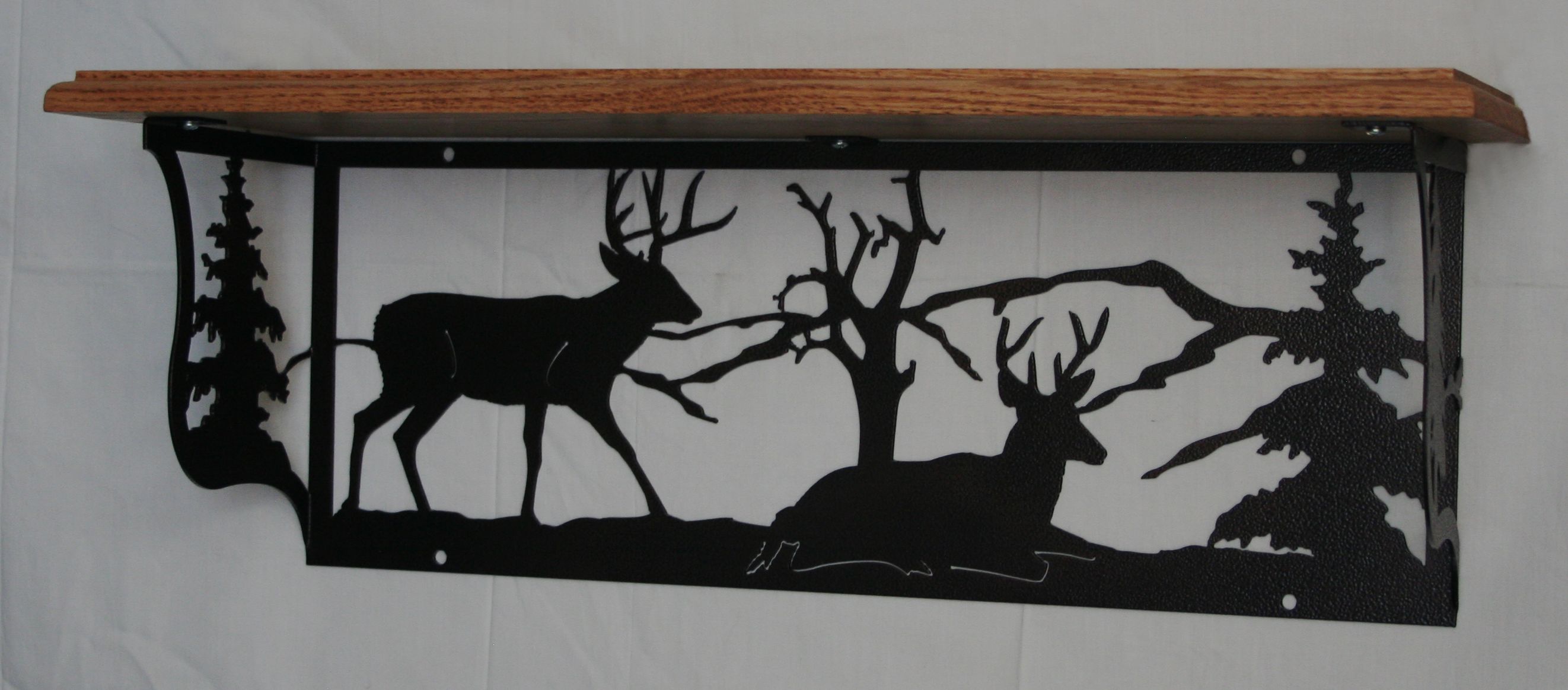 Metal Art, Oak Wood Shelf, Metal Shelf, Bucks, Deer, Trees, Mountains