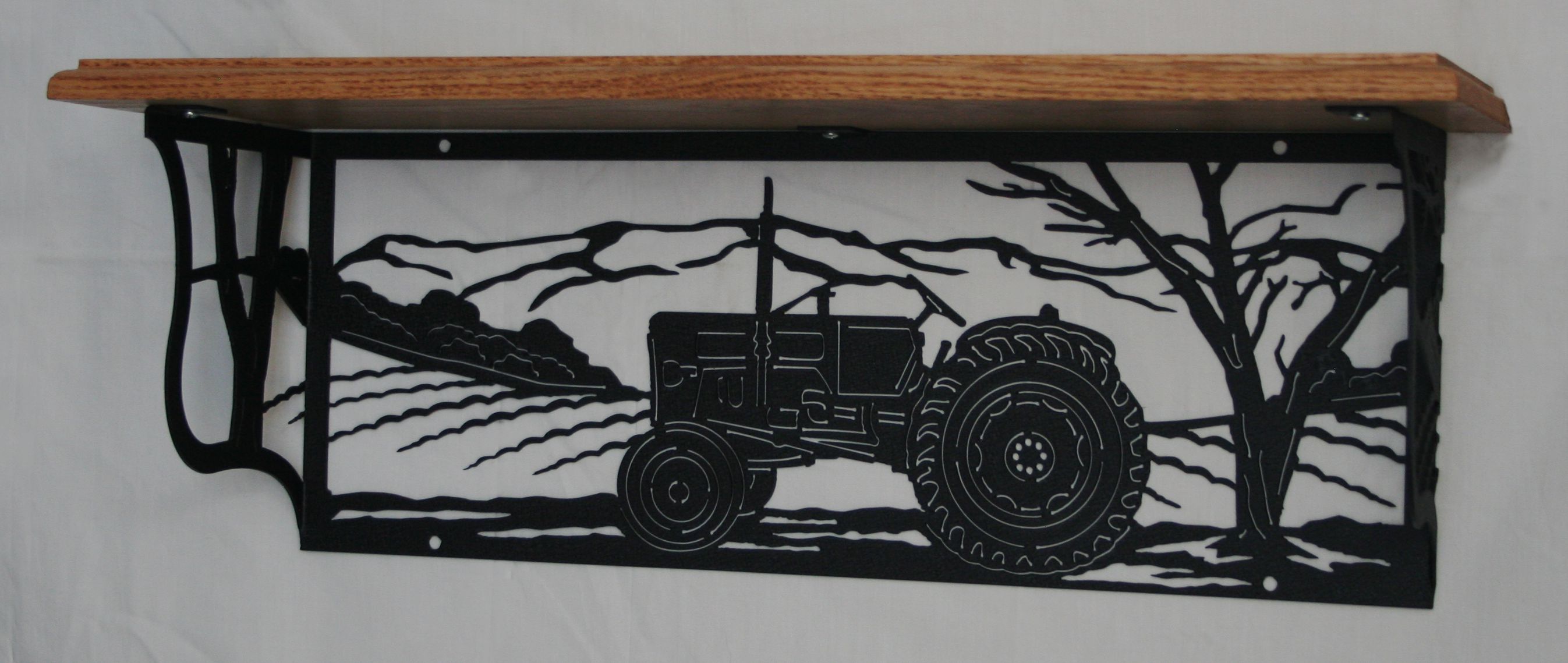 Metal Art, Oak Wood Shelf, Metal Shelf, Tractor, Fields, Crops, Trees