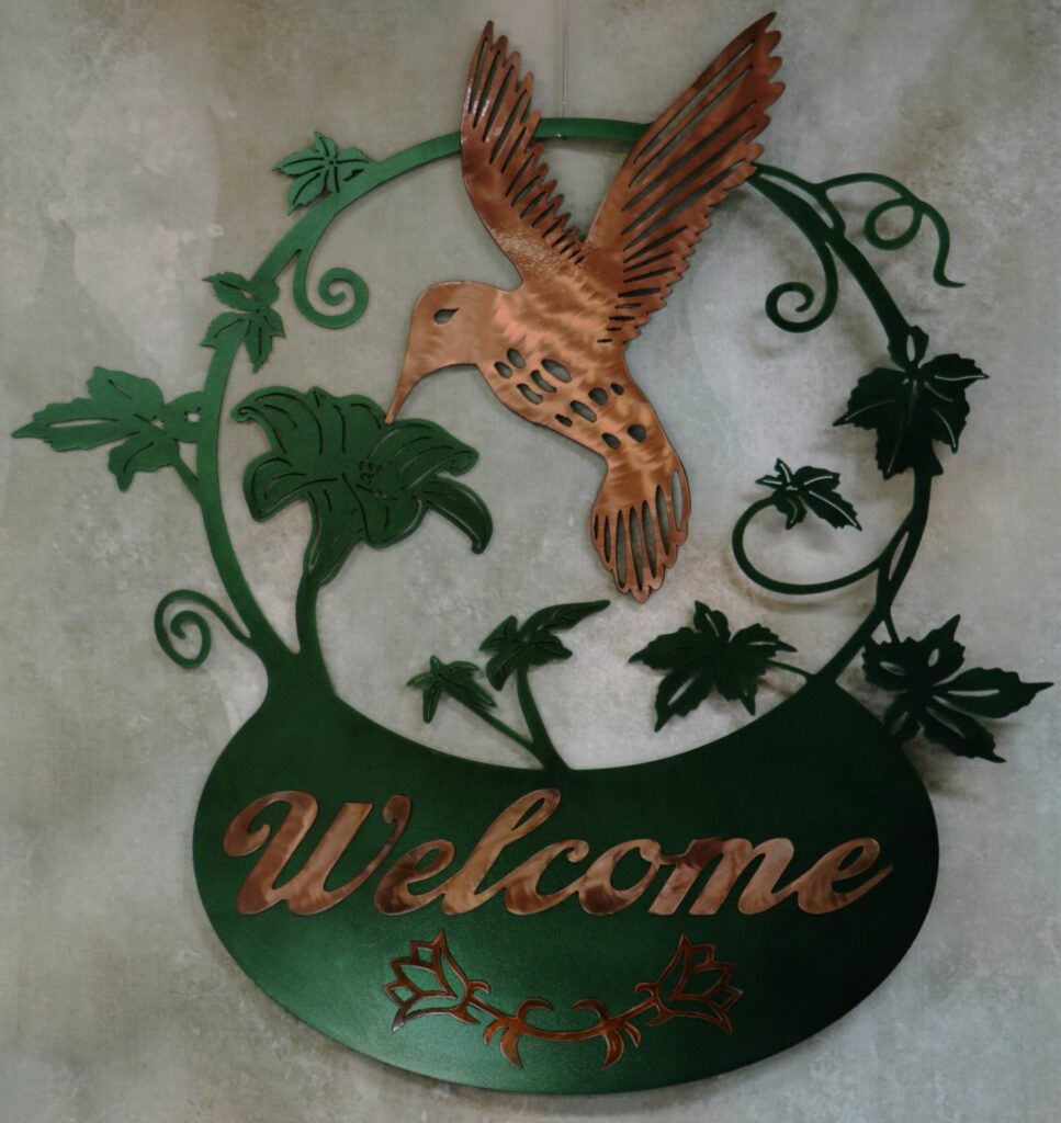 Sign/Welcome/Humming Bird Basket - $110.75 (in store) Metal Art, Humming Bird Flying, Nectar, Leaves, Copper, Sign Welcome, Basket, Vines, Flowers