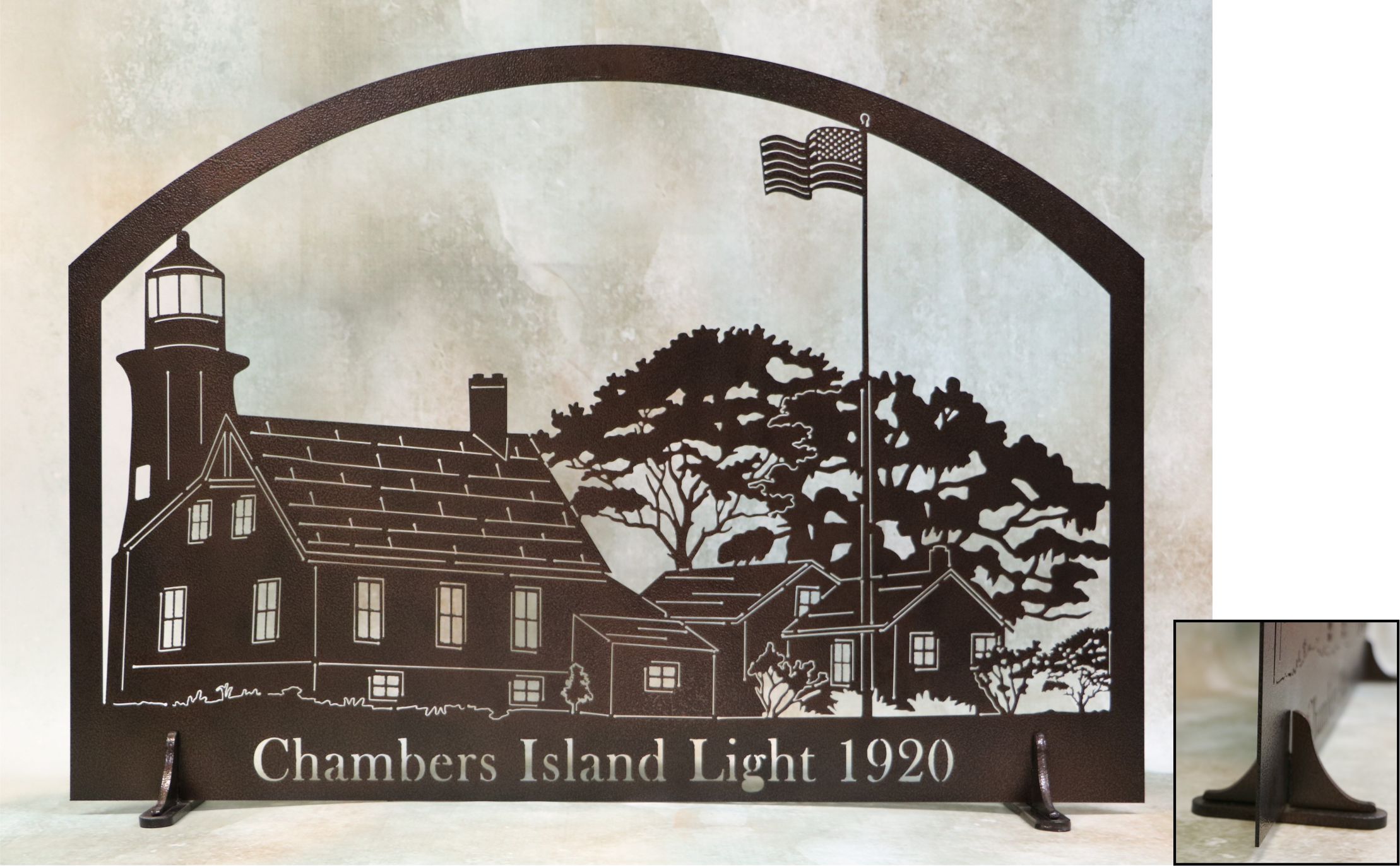 Freestanding Metal Art, USA Flag, Lighthouse, Home, Barn, Homestead, Flagpole, Trees, Bushes, Chambers Island Light 1920
