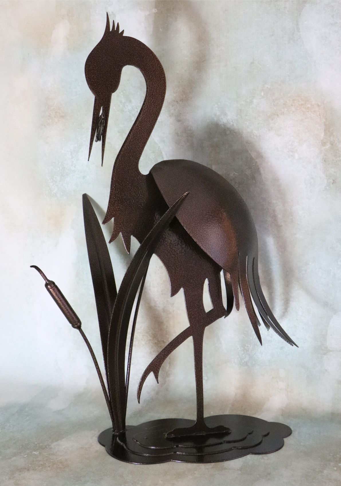 Freestanding Metal Art, Heron, Water Bird, Cattails, Leaves, Fish, Feathers, Legs, Water