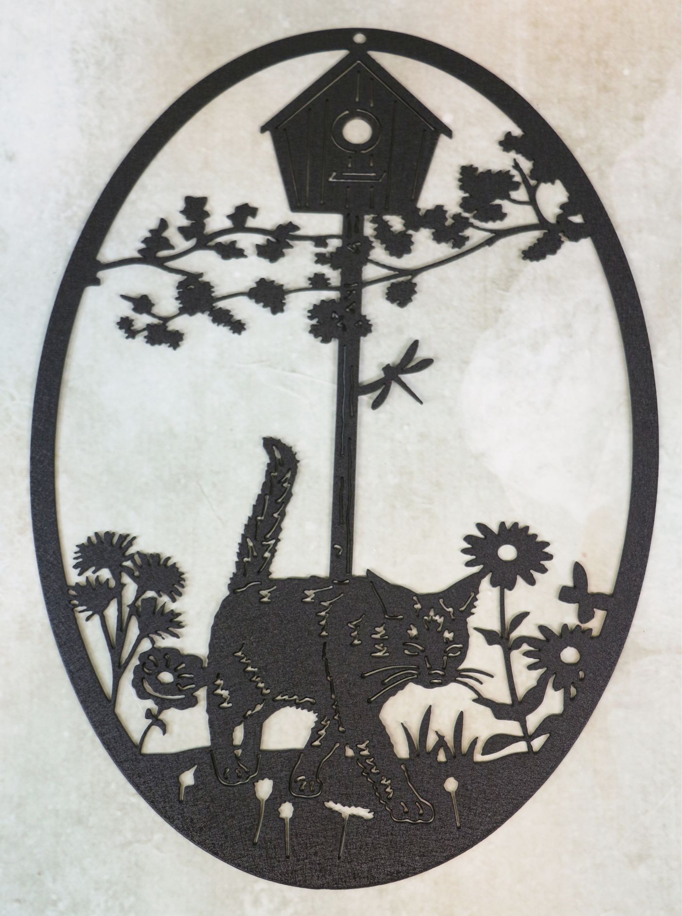 Wall Metal Art Oval, Black Cat, Garden, Birdhouse, Dragonfly, Flowers, Grass, Tree Branches