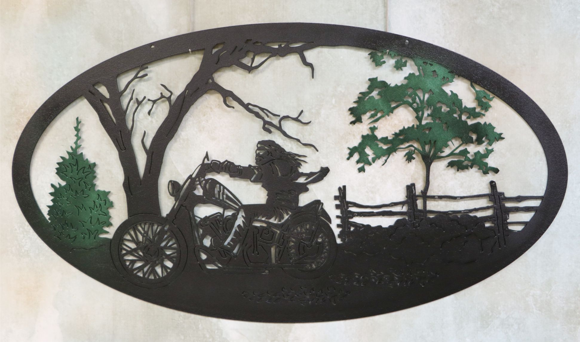 Wall Metal Art Oval, Motorcycle, Guy, Trees, Fence, Bushes, Mirror, Tires