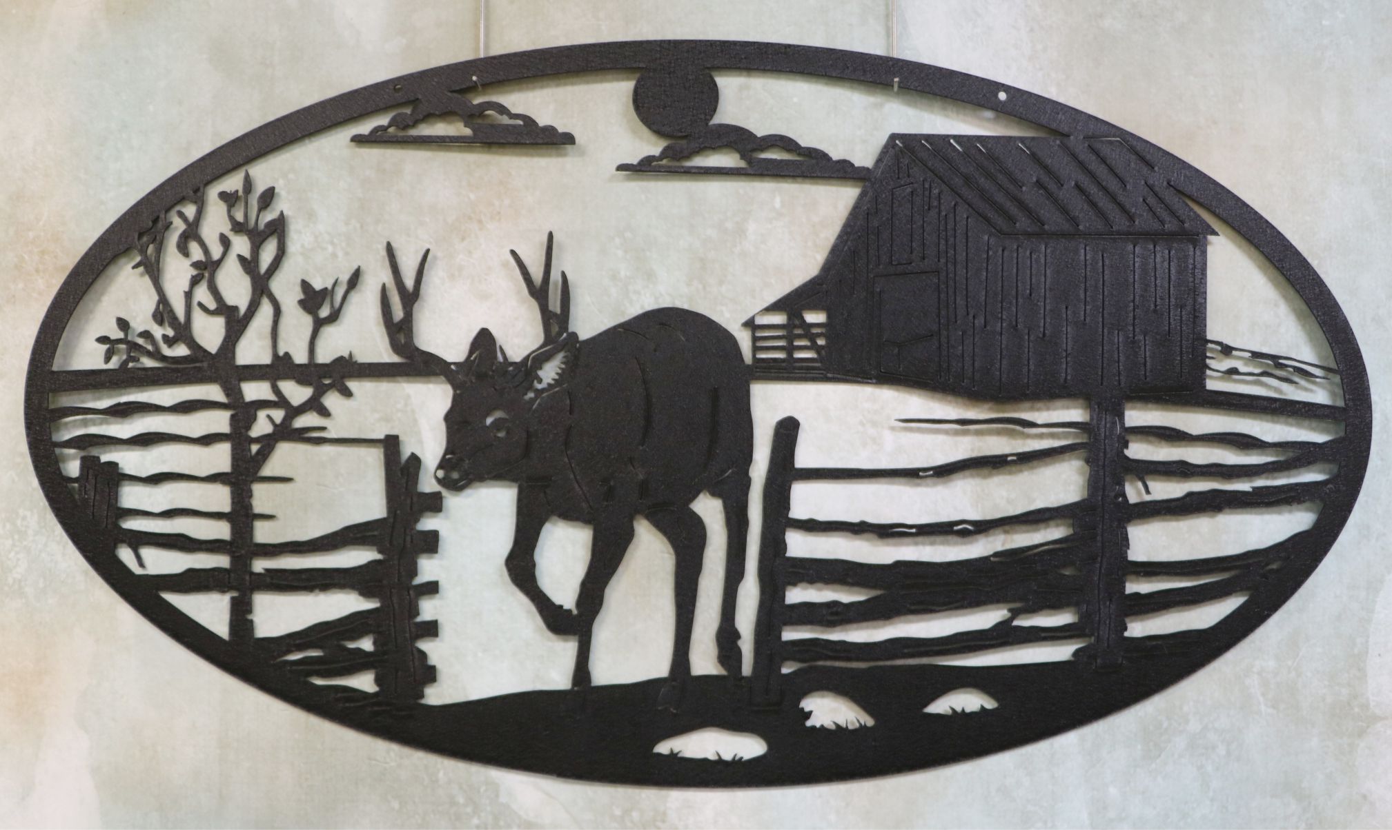 Wall Metal Art Oval, Buck, Antlers, Deer, Barn, Fence, Tree, Farm, Fields, Sun, Clouds