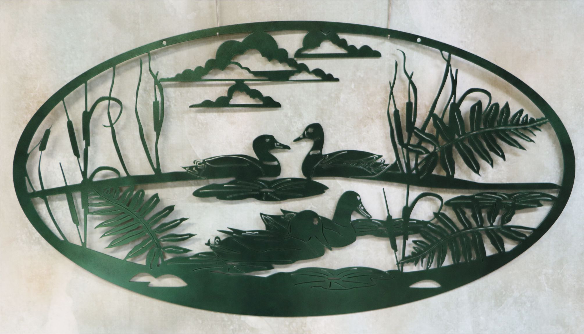 Wall Metal Art Oval, Ducks, Pond, Swamp, Cattails, Clouds, Plants, Lilies