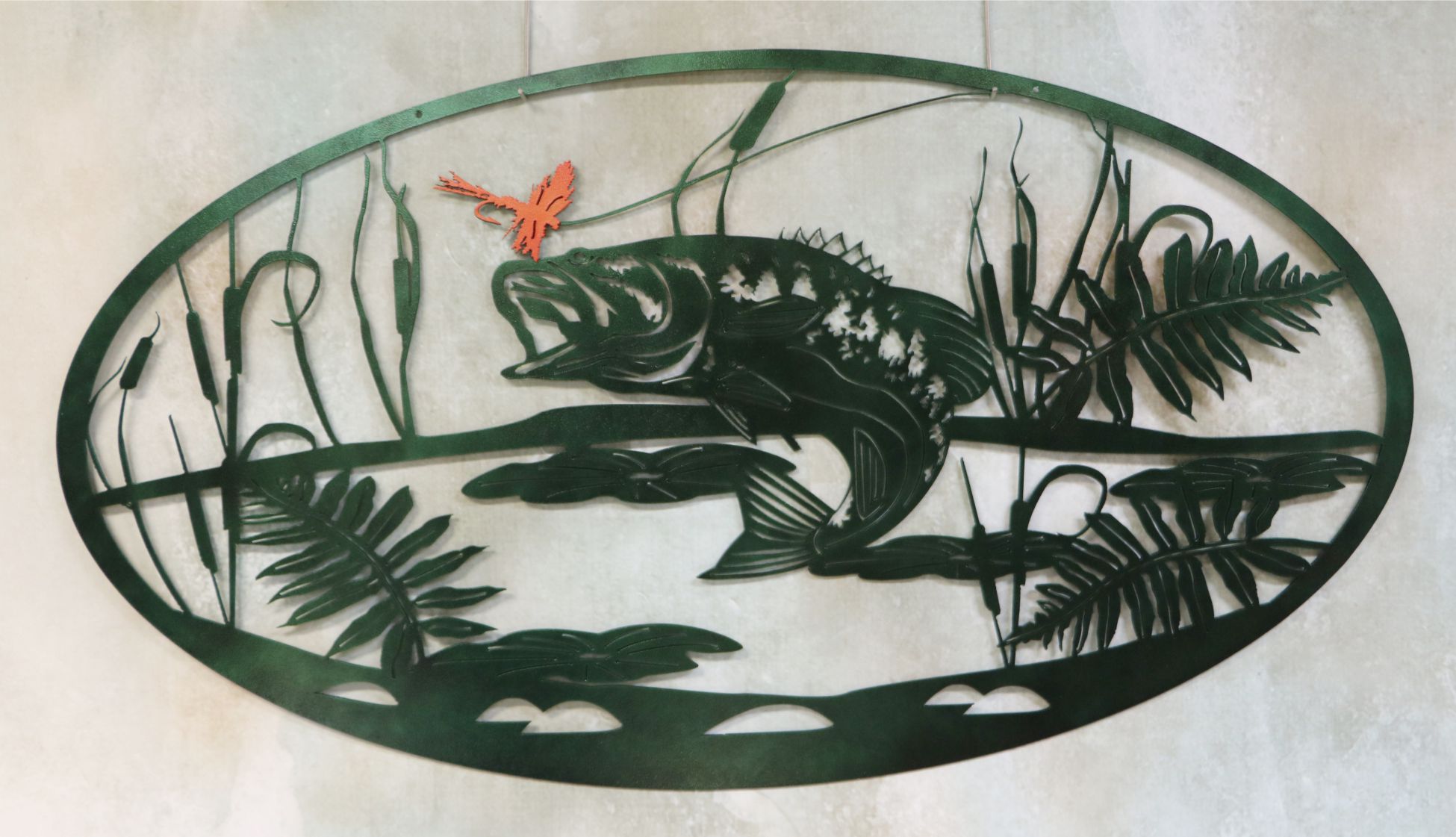 Metal Wall Art Oval, Catching Fish, Lure, Fishing Line, Pond, Swamp, Cattails, Plants, Lilies