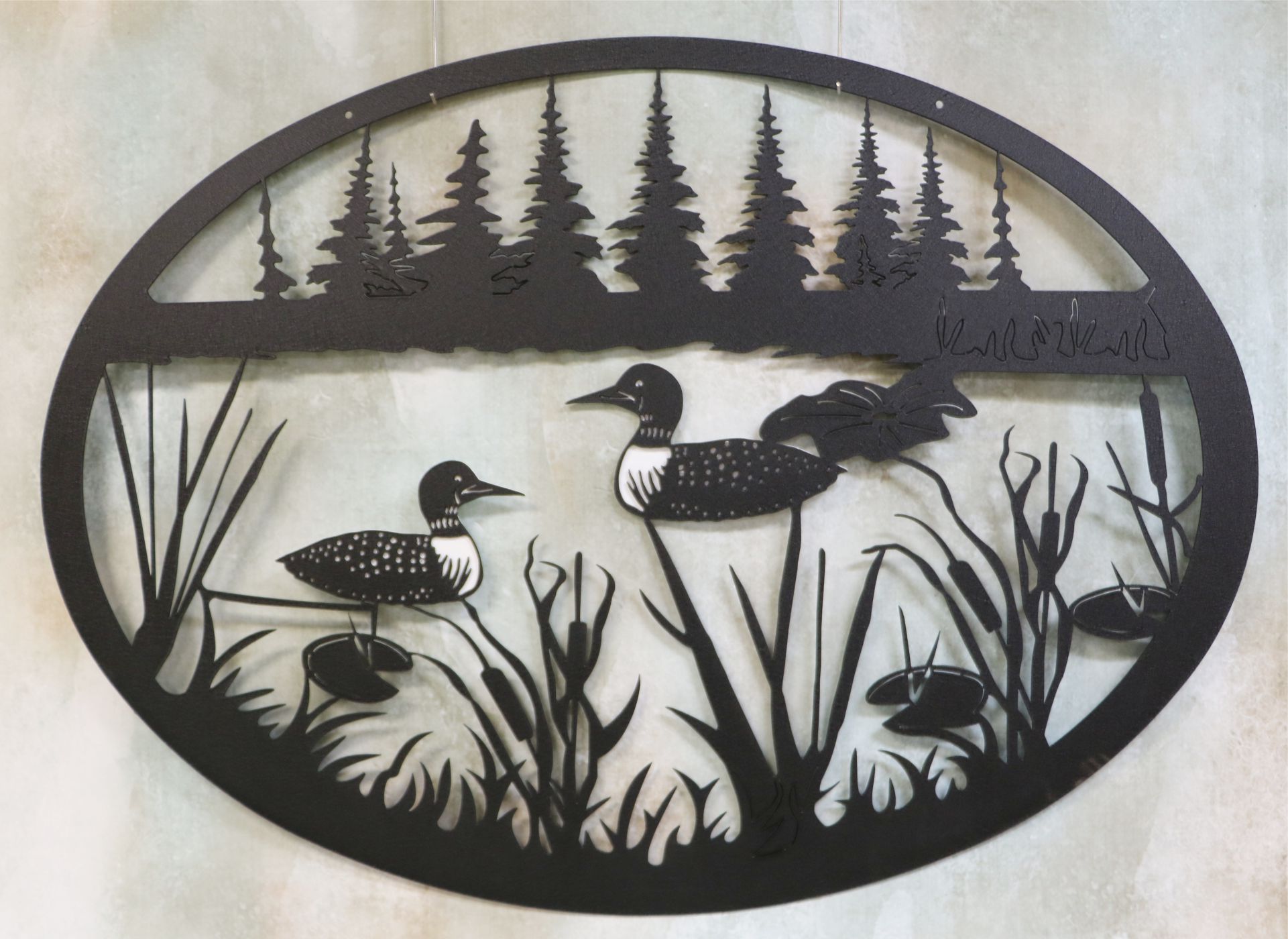 Wall Metal Art Oval, Loons, Trees, Treeline, Cattails, Pond, Lake, Shore, Lily Pads, Grass