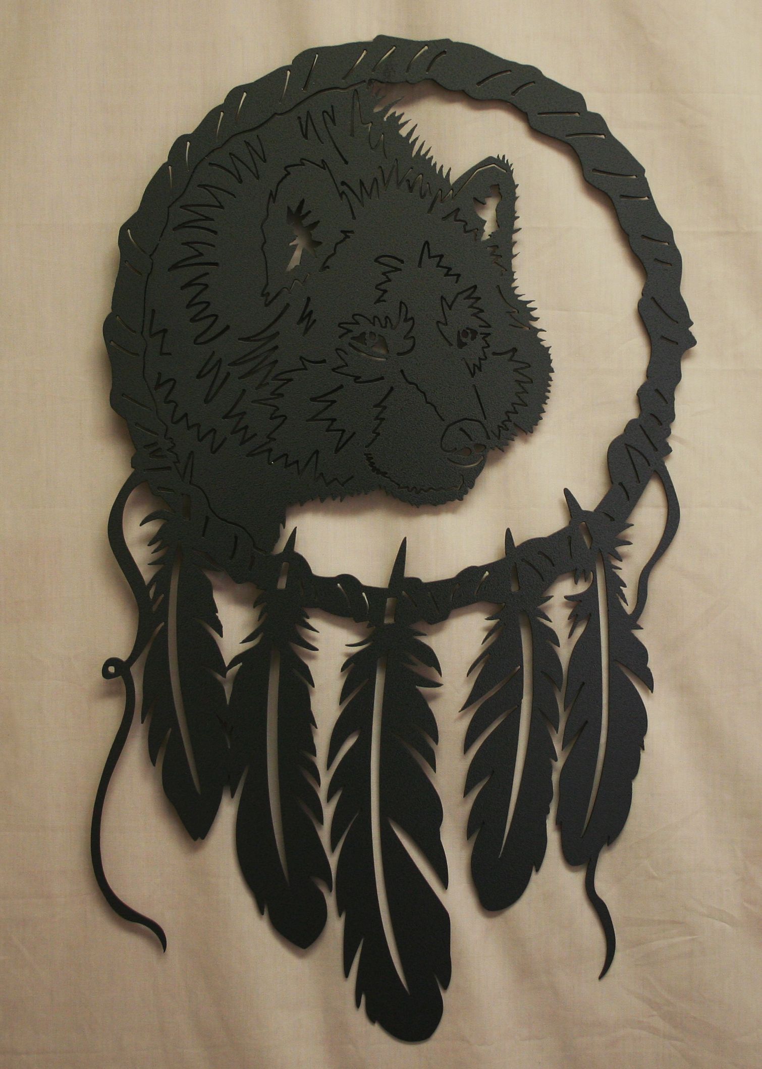 Metal Art, Dream Catcher, Native American, Feathers, Grey Wolf