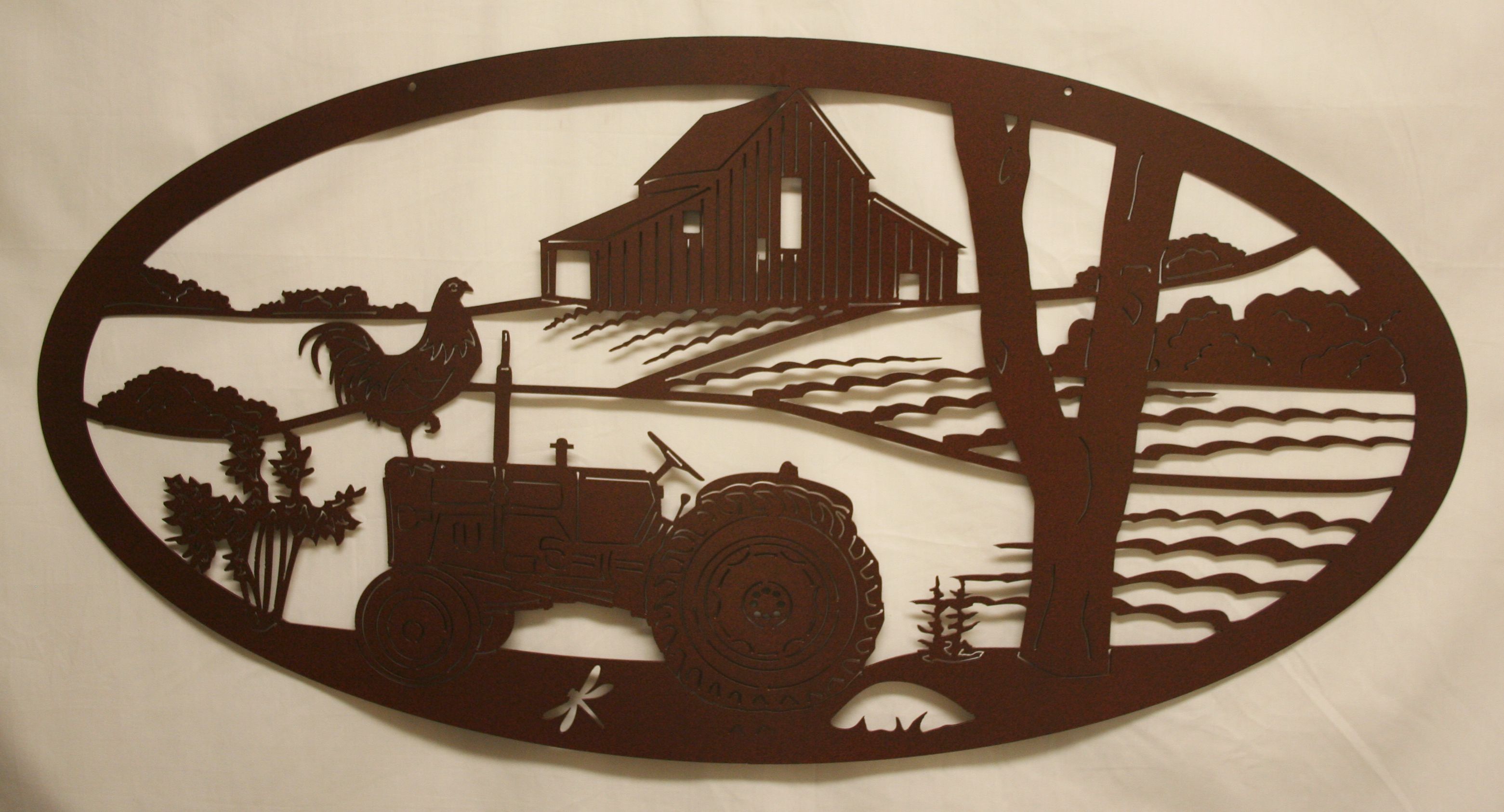Metal Art, Ford Tractor, Tractor, Field, Crop, Rooster, Dragonfly, Barn, Farm, Tree, Woods