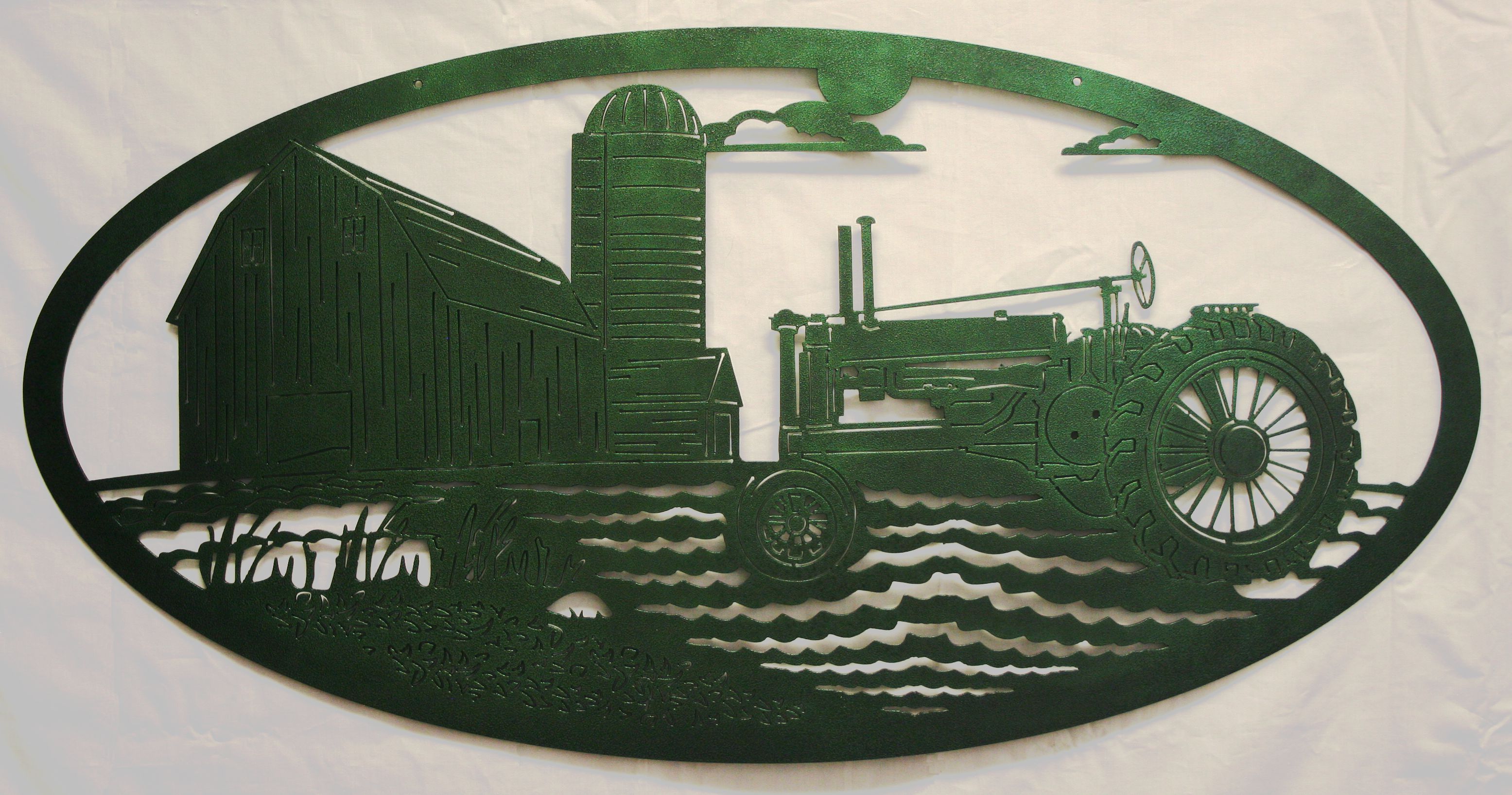 Metal Art, John Deere, Tractor, Field, Barn, Silo, Sun, Clouds, Crop