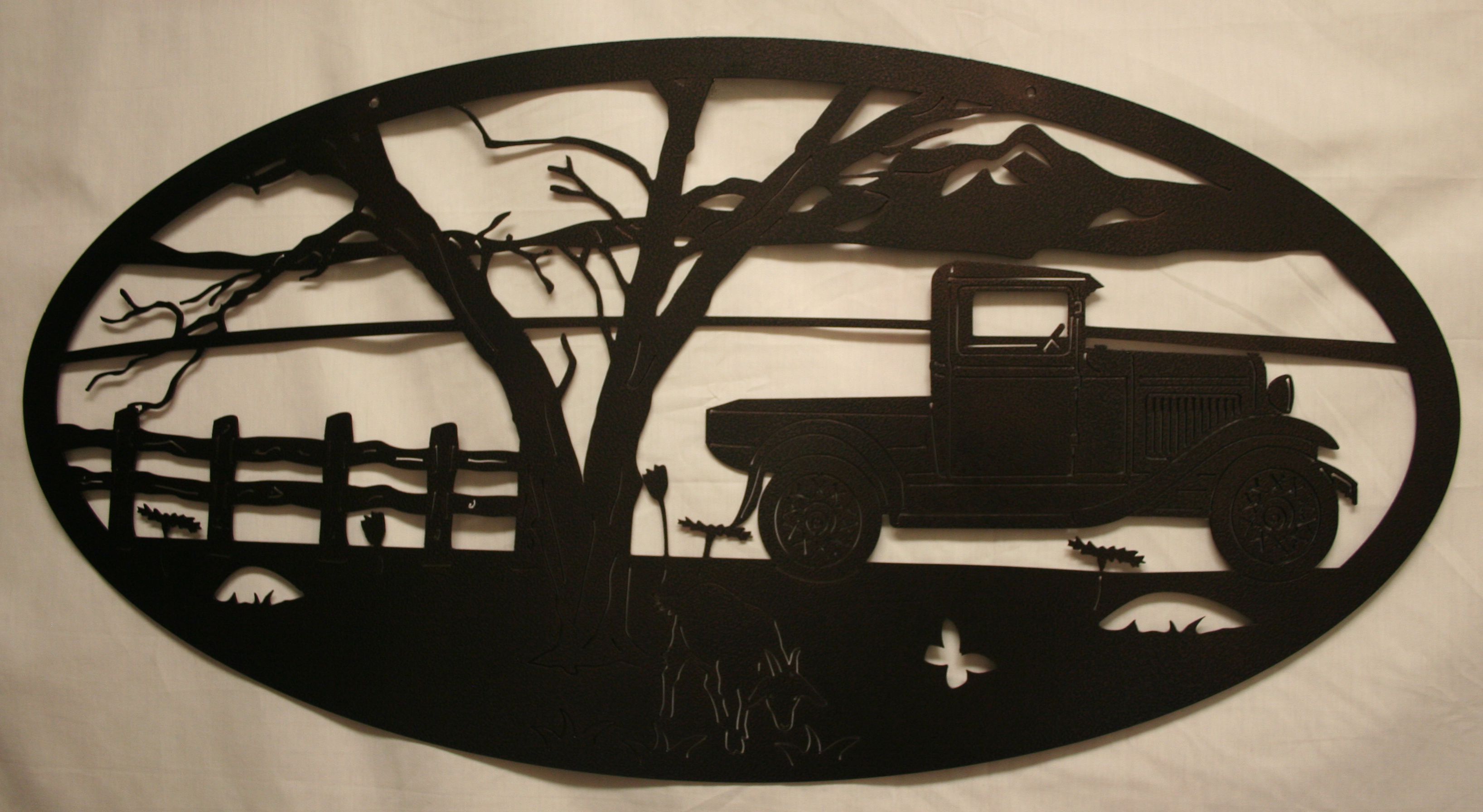 Wall Metal Art Oval Model T, Goat, Fence, Mountain, Tree