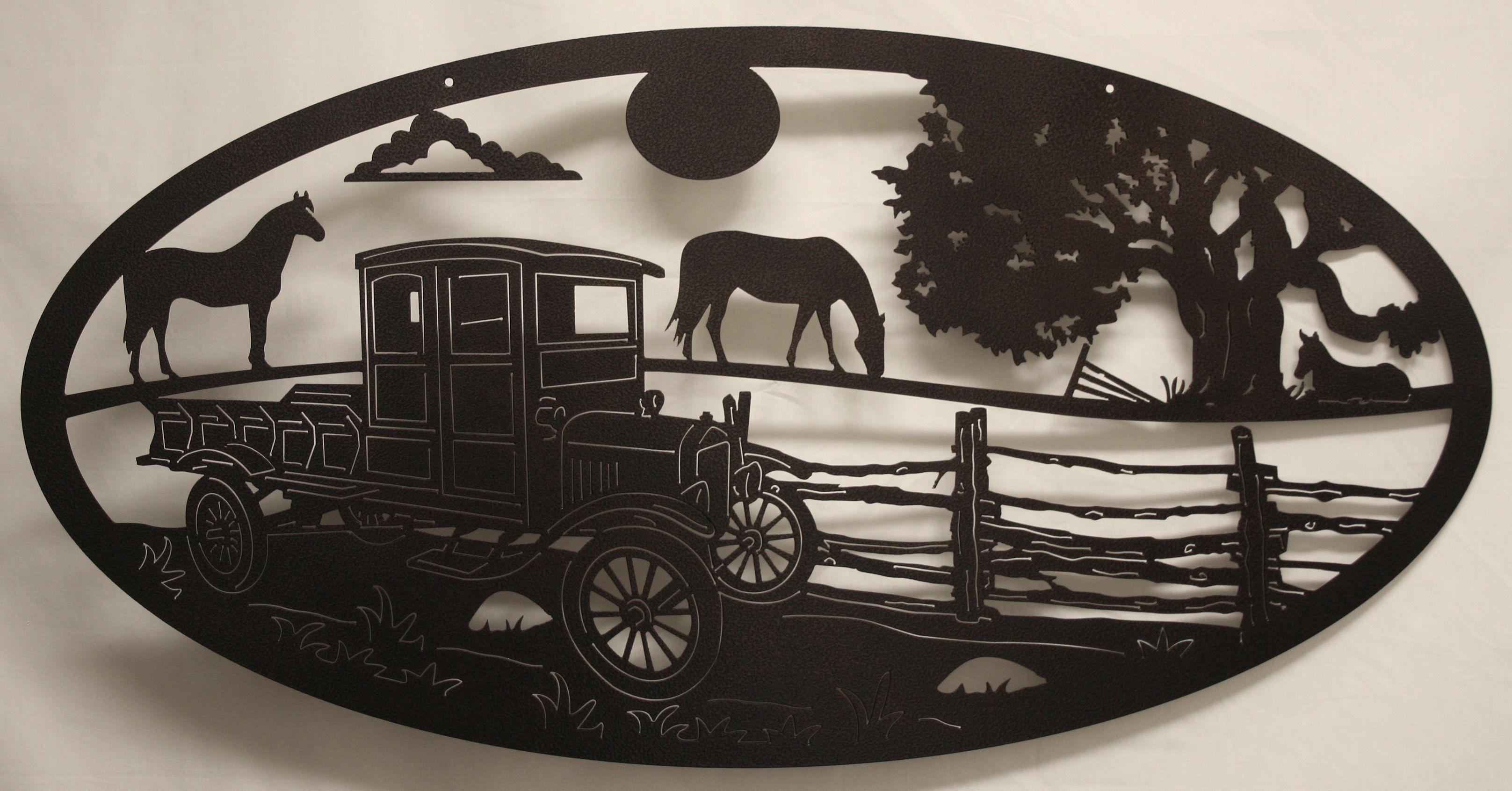 Wall Metal Art Oval Model T, Horses, Fence, Trees