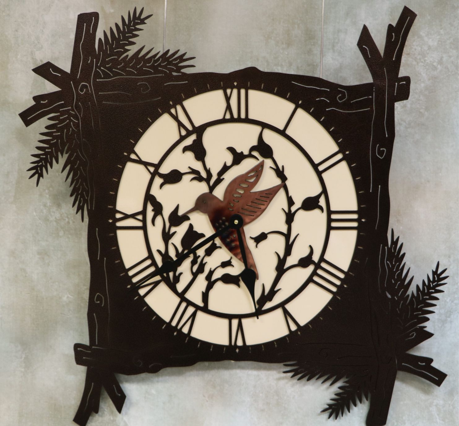 Wall Metal Art, Pine Branch Clock, Humming Bird, Flowers, Stems